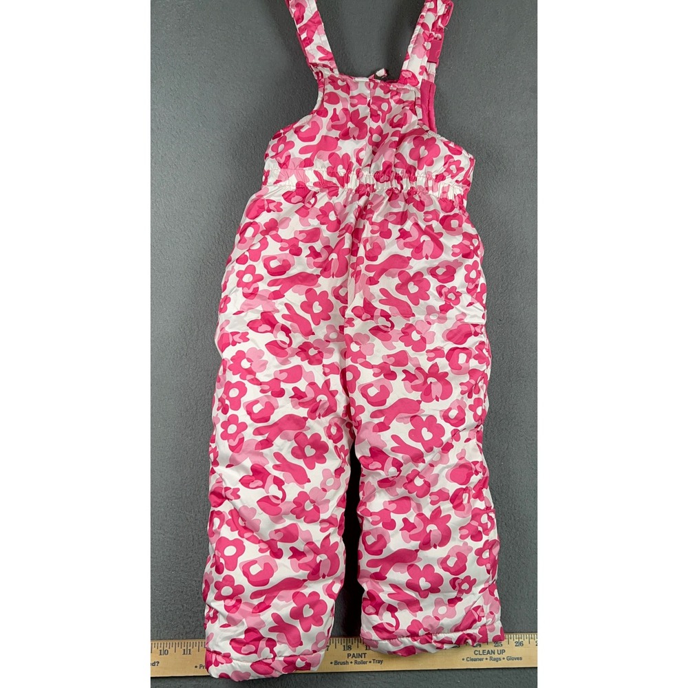 Pink Platinum Snow Bibs Girls 3T Pink White Floral Print Insulated Ski Overalls